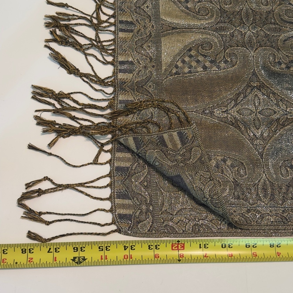 Pashmina Silk Paisley Scarf Gold Bronze Grey Metallic Jacquard Fringe Wrap Shawl - Picture 7 of 9